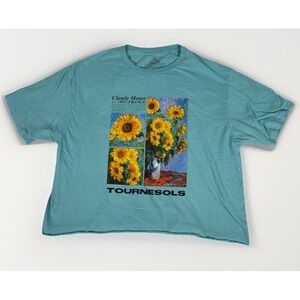 Claude Monet‎ Tournesols Graphic Blue T-Shirt Men's Size L 100% Cotton Cropped